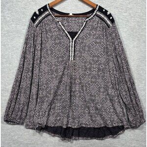 Lucky Brand Womens Top 3X‎ Black White Boho Embroidered